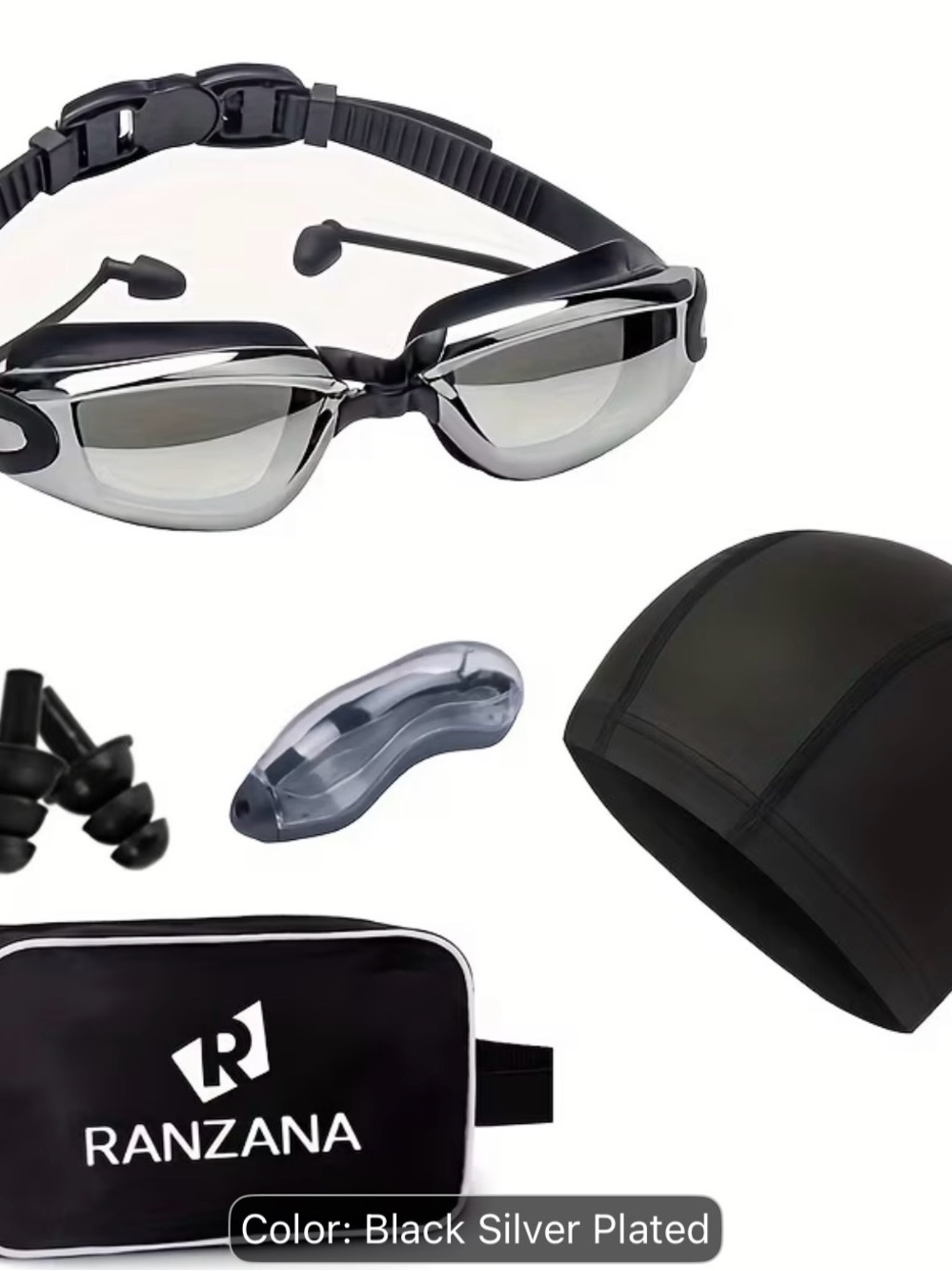 New swimming goggles set (nose clip, ear rubber, cap).